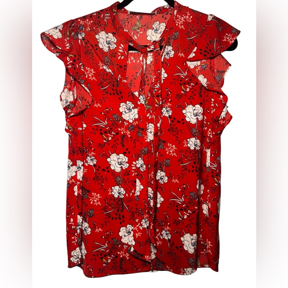 Abercrombie & Fitch Red Floral Blouse with Ruffle Sleeves
